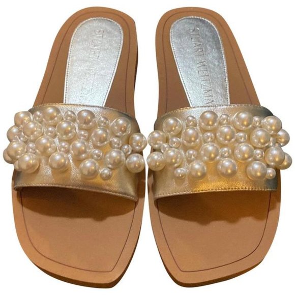 Worn Once Stuart Weitzman Goldie Slides in Gold - Picture 1 of 5